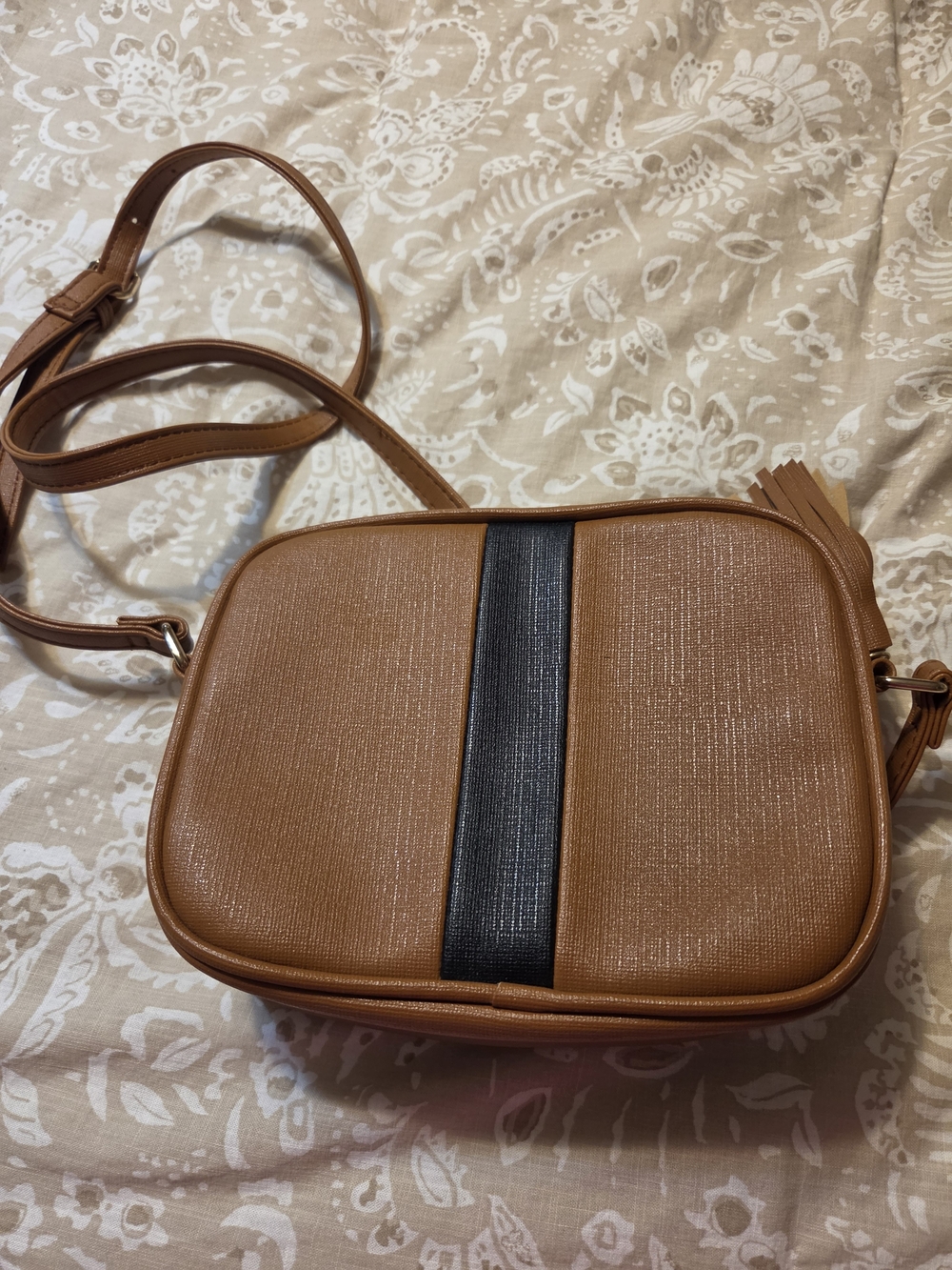 Amazon Tan Crossbody Bag with Black Center Stripe